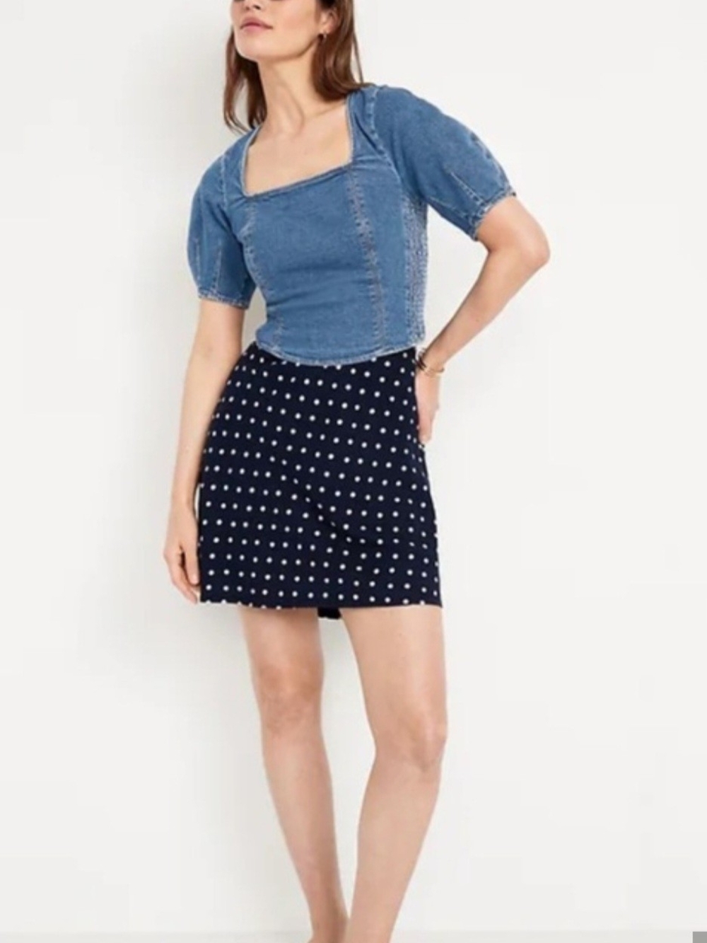 OLD NAVY Blue Square-Neck Denim Puff Sleeve Crop Top - Picture 4 of 6